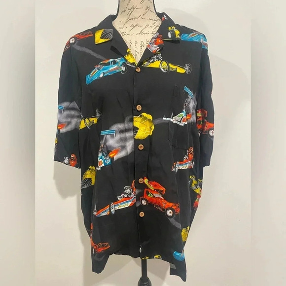 Paradise Found Hawaiian Shirt Dragsters Cars Black Rayon Size XL - Picture 7 of 7